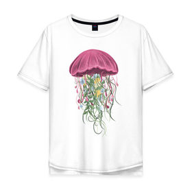 Мужская футболка хлопок Oversize с принтом Медуза и цветы в Кировске, 100% хлопок | свободный крой, круглый ворот, “спинка” длиннее передней части | для девушек | женская | женские | медуза | с медузой | с цветами | цветочки | цветы