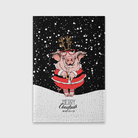 Обложка для паспорта матовая кожа с принтом Свинка Санта в Кировске, натуральная матовая кожа | размер 19,3 х 13,7 см; прозрачные пластиковые крепления | Тематика изображения на принте: 