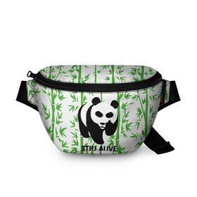 Поясная сумка 3D с принтом Still Alive в Кировске, 100% полиэстер | плотная ткань, ремень с регулируемой длиной, внутри несколько карманов для мелочей, основное отделение и карман с обратной стороны сумки застегиваются на молнию | alive | bamboo | green | greenpeace | panga | peace | still | бамбук | грин | гринпис | живая | живой | зеленый | мир | панда | панды | пис
