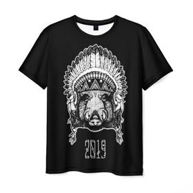 Мужская футболка 3D с принтом Кабан 2019 в Кировске, 100% полиэфир | прямой крой, круглый вырез горловины, длина до линии бедер | верховный | вождь | год | голова | дикий | животные | индеец | ирокез | к | кабан | клыки | круто | лидер | лучший | мода | молодёжная | новый год | подарок | поздравление | поросенок | праздник | рисунок