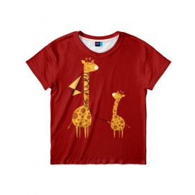 Детская футболка 3D с принтом Жираф и Жирафик в Кировске, 100% гипоаллергенный полиэфир | прямой крой, круглый вырез горловины, длина до линии бедер, чуть спущенное плечо, ткань немного тянется | animal | desert | giraffe | long | pattern | skin | tall | высокий | длинная | животное | животные | жираф | жирафы | змей | летучий | пустыня | узор | шея