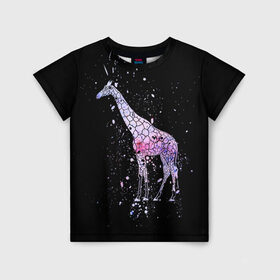 Детская футболка 3D с принтом Звездный Жираф в Кировске, 100% гипоаллергенный полиэфир | прямой крой, круглый вырез горловины, длина до линии бедер, чуть спущенное плечо, ткань немного тянется | animal | desert | giraffe | long | pattern | skin | space | stars | tall | высокий | длинная | животное | животные | жираф | жирафы | звезды | космос | пустыня | узор | шея