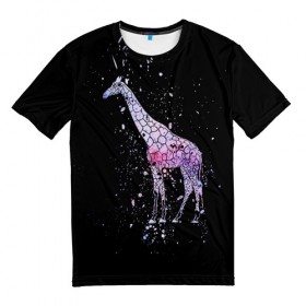 Мужская футболка 3D с принтом Звездный Жираф в Кировске, 100% полиэфир | прямой крой, круглый вырез горловины, длина до линии бедер | Тематика изображения на принте: animal | desert | giraffe | long | pattern | skin | space | stars | tall | высокий | длинная | животное | животные | жираф | жирафы | звезды | космос | пустыня | узор | шея