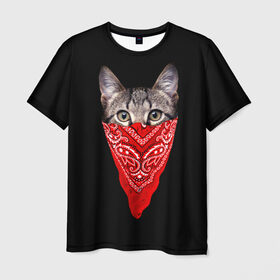 Мужская футболка 3D с принтом Gangsta Cat в Кировске, 100% полиэфир | прямой крой, круглый вырез горловины, длина до линии бедер | Тематика изображения на принте: cat | cats | gangsta | kitten | kitty | pussy | гангстер | кот | котенок | котик | котики | коты | котята | кошка | кошки | платок