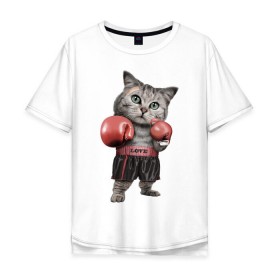 Мужская футболка хлопок Oversize с принтом Кот боксёр в Кировске, 100% хлопок | свободный крой, круглый ворот, “спинка” длиннее передней части | боец | бокс | боксёр | кот | котёнок | кошак | кошка | кулак | спорт | шорты