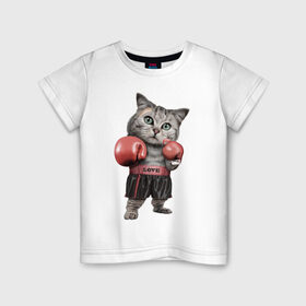 Детская футболка хлопок с принтом Кот боксёр в Кировске, 100% хлопок | круглый вырез горловины, полуприлегающий силуэт, длина до линии бедер | боец | бокс | боксёр | кот | котёнок | кошак | кошка | кулак | спорт | шорты