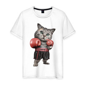 Мужская футболка хлопок с принтом Кот боксёр в Кировске, 100% хлопок | прямой крой, круглый вырез горловины, длина до линии бедер, слегка спущенное плечо. | боец | бокс | боксёр | кот | котёнок | кошак | кошка | кулак | спорт | шорты