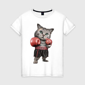 Женская футболка хлопок с принтом Кот боксёр в Кировске, 100% хлопок | прямой крой, круглый вырез горловины, длина до линии бедер, слегка спущенное плечо | боец | бокс | боксёр | кот | котёнок | кошак | кошка | кулак | спорт | шорты