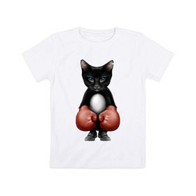 Детская футболка хлопок с принтом Котёнок боксёр в Кировске, 100% хлопок | круглый вырез горловины, полуприлегающий силуэт, длина до линии бедер | Тематика изображения на принте: боец | бокс | боксёр | кот | котёнок | кошак | кошка | кулак | спорт | шорты