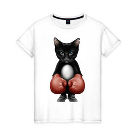 Женская футболка хлопок с принтом Котёнок боксёр в Кировске, 100% хлопок | прямой крой, круглый вырез горловины, длина до линии бедер, слегка спущенное плечо | боец | бокс | боксёр | кот | котёнок | кошак | кошка | кулак | спорт | шорты