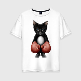 Женская футболка хлопок Oversize с принтом Котёнок боксёр в Кировске, 100% хлопок | свободный крой, круглый ворот, спущенный рукав, длина до линии бедер
 | боец | бокс | боксёр | кот | котёнок | кошак | кошка | кулак | спорт | шорты