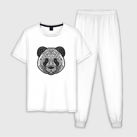 Мужская пижама хлопок с принтом Узорная панда в Кировске, 100% хлопок | брюки и футболка прямого кроя, без карманов, на брюках мягкая резинка на поясе и по низу штанин
 | Тематика изображения на принте: голова | животное | завитки. кружево | зверь | панда | узорная панда | узоры