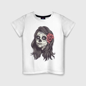 Детская футболка хлопок с принтом Mexican girl в Кировске, 100% хлопок | круглый вырез горловины, полуприлегающий силуэт, длина до линии бедер | девушка | зомби | мексика | паутина | роза | тату | хэллоуин | череп