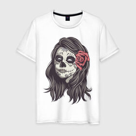 Мужская футболка хлопок с принтом Mexican girl в Кировске, 100% хлопок | прямой крой, круглый вырез горловины, длина до линии бедер, слегка спущенное плечо. | девушка | зомби | мексика | паутина | роза | тату | хэллоуин | череп