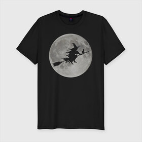 Мужская футболка премиум с принтом На фоне луны в Кировске, 92% хлопок, 8% лайкра | приталенный силуэт, круглый вырез ворота, длина до линии бедра, короткий рукав | Тематика изображения на принте: ведьма. метла. кот | луна | ночь | праздник | ужас | хэллоуин