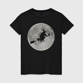 Женская футболка хлопок с принтом На фоне луны в Кировске, 100% хлопок | прямой крой, круглый вырез горловины, длина до линии бедер, слегка спущенное плечо | ведьма. метла. кот | луна | ночь | праздник | ужас | хэллоуин