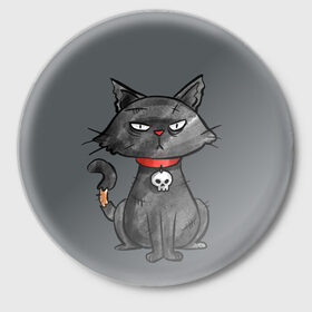 Значок с принтом Кот бедолага в Кировске,  металл | круглая форма, металлическая застежка в виде булавки | кот | череп | черный