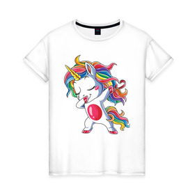 Женская футболка хлопок с принтом Dabbing Unicorn в Кировске, 100% хлопок | прямой крой, круглый вырез горловины, длина до линии бедер, слегка спущенное плечо | dab | dab единорог | dabbing unicorn | unicorn | единорог радуга | краски | прикольные картинки | радуга | радужные краски | радужный единорог