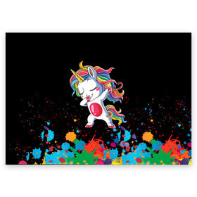 Поздравительная открытка с принтом Радужный единорог в Кировске, 100% бумага | плотность бумаги 280 г/м2, матовая, на обратной стороне линовка и место для марки
 | dab | dab единорог | dabbing unicorn | unicorn | брызги красок | единорог радуга | краски | прикольные картинки | радуга | радужные краски | радужный единорог