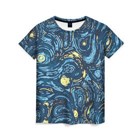 Женская футболка 3D с принтом Ван Гог. Звездная Ночь в Кировске, 100% полиэфир ( синтетическое хлопкоподобное полотно) | прямой крой, круглый вырез горловины, длина до линии бедер | вангог | живопись | искусство | картина | краска | синий | художник
