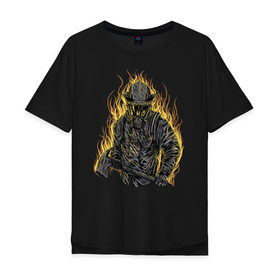 Мужская футболка хлопок Oversize с принтом Пожарный в Кировске, 100% хлопок | свободный крой, круглый ворот, “спинка” длиннее передней части | искры | маска | мужик | мчс | огонь | охрана | пламя | пожар | пожарные | спасатели | топор | шлем