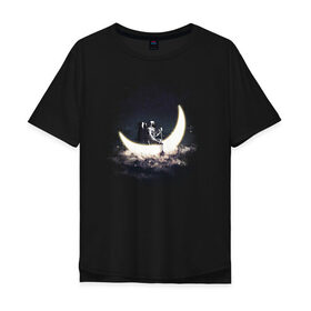 Мужская футболка хлопок Oversize с принтом Лунная лодка в Кировске, 100% хлопок | свободный крой, круглый ворот, “спинка” длиннее передней части | астронавт | вода | галактика | звезды | космонавт | космос | лодка | луна | месяц | млечный путь | облака | озера | река | скафандр | тучи