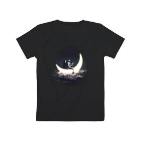 Детская футболка хлопок с принтом Лунная лодка в Кировске, 100% хлопок | круглый вырез горловины, полуприлегающий силуэт, длина до линии бедер | астронавт | вода | галактика | звезды | космонавт | космос | лодка | луна | месяц | млечный путь | облака | озера | река | скафандр | тучи