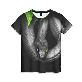 Женская футболка 3D с принтом Змея в Кировске, 100% полиэфир ( синтетическое хлопкоподобное полотно) | прямой крой, круглый вырез горловины, длина до линии бедер | гадюка | животные | змея | листья | природа | удав | черно белое | черное и белое