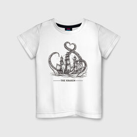 Детская футболка хлопок с принтом Кракен в Кировске, 100% хлопок | круглый вырез горловины, полуприлегающий силуэт, длина до линии бедер | Тематика изображения на принте: корабль | кракен | монстр | море | осьминог