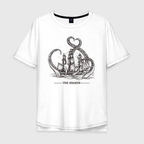 Мужская футболка хлопок Oversize с принтом Кракен в Кировске, 100% хлопок | свободный крой, круглый ворот, “спинка” длиннее передней части | Тематика изображения на принте: корабль | кракен | монстр | море | осьминог