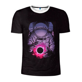 Мужская футболка 3D спортивная с принтом Карманная вселенная в Кировске, 100% полиэстер с улучшенными характеристиками | приталенный силуэт, круглая горловина, широкие плечи, сужается к линии бедра | астронавт | вселенная | галактика | звезда | космонавт | космос | свет | скафандр | солнце | стекло | тени | черная дыра
