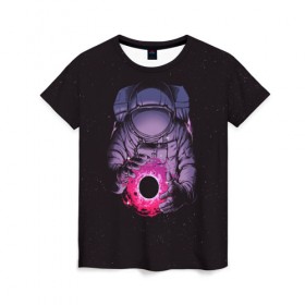 Женская футболка 3D с принтом Карманная вселенная в Кировске, 100% полиэфир ( синтетическое хлопкоподобное полотно) | прямой крой, круглый вырез горловины, длина до линии бедер | астронавт | вселенная | галактика | звезда | космонавт | космос | свет | скафандр | солнце | стекло | тени | черная дыра