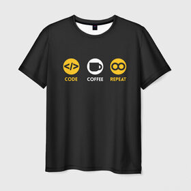 Мужская футболка 3D с принтом Code Coffee Repeat в Кировске, 100% полиэфир | прямой крой, круглый вырез горловины, длина до линии бедер | admin | administrator | calm | code | coder | coding | engineer | job | keep | programmer | администратор | айти | инженер | код | кодинг | программа | программист | профессия | сисадмин