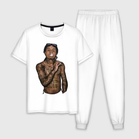Мужская пижама хлопок с принтом Lil Wayne в Кировске, 100% хлопок | брюки и футболка прямого кроя, без карманов, на брюках мягкая резинка на поясе и по низу штанин
 | Тематика изображения на принте: hip hop | крест | музыка | наколки | очки | тёмный | хип хоп