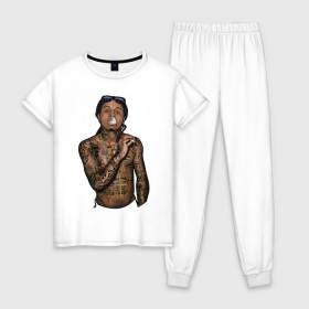 Женская пижама хлопок с принтом Lil Wayne в Кировске, 100% хлопок | брюки и футболка прямого кроя, без карманов, на брюках мягкая резинка на поясе и по низу штанин | hip hop | крест | музыка | наколки | очки | тёмный | хип хоп