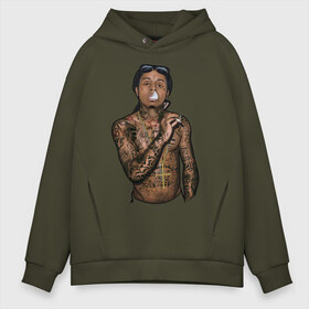 Мужское худи Oversize хлопок с принтом Lil Wayne в Кировске, френч-терри — 70% хлопок, 30% полиэстер. Мягкий теплый начес внутри —100% хлопок | боковые карманы, эластичные манжеты и нижняя кромка, капюшон на магнитной кнопке | Тематика изображения на принте: hip hop | крест | музыка | наколки | очки | тёмный | хип хоп