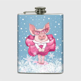 Фляга с принтом Свинка в розовом в Кировске, металлический корпус | емкость 0,22 л, размер 125 х 94 мм. Виниловая наклейка запечатывается полностью | 2019 | год свиньи | милая свинка | новогодний подарок | новый год | новый год 2019 | подарок на новый год | прикольная свинка | свинка в розовом | свинья | символ 2019 года | снег | снежинки