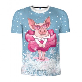 Мужская футболка 3D спортивная с принтом Свинка в розовом в Кировске, 100% полиэстер с улучшенными характеристиками | приталенный силуэт, круглая горловина, широкие плечи, сужается к линии бедра | 2019 | год свиньи | милая свинка | новогодний подарок | новый год | новый год 2019 | подарок на новый год | прикольная свинка | свинка в розовом | свинья | символ 2019 года | снег | снежинки