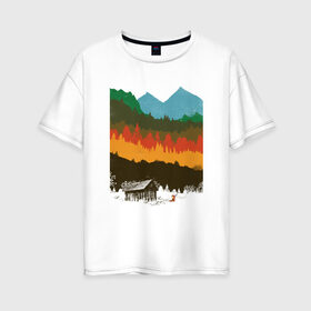 Женская футболка хлопок Oversize с принтом Дикая природа в Кировске, 100% хлопок | свободный крой, круглый ворот, спущенный рукав, длина до линии бедер
 | горы | дикая природа | дом | лес | лиса | минимализм | развалины | сарай