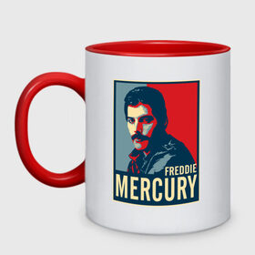 Кружка двухцветная с принтом Freddie Mercury в Кировске, керамика | объем — 330 мл, диаметр — 80 мм. Цветная ручка и кайма сверху, в некоторых цветах — вся внутренняя часть | freddie mercury | queen | фредди меркьюри