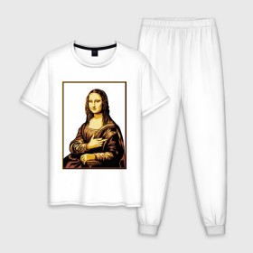 Мужская пижама хлопок с принтом Fuck from Mona Lisa в Кировске, 100% хлопок | брюки и футболка прямого кроя, без карманов, на брюках мягкая резинка на поясе и по низу штанин
 | женщина | искусство | картина | лиза | мона | палец