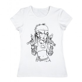 Женская футболка хлопок с принтом Yo-landi (светлые) в Кировске, 100% хлопок | прямой крой, круглый вырез горловины, длина до линии бедер, слегка спущенное плечо | девушка | контур | линиями | нервана | пушки. пистолеты | смайл | хип хоп | юар