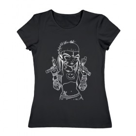 Женская футболка хлопок с принтом Yo-landi (тёмное) в Кировске, 100% хлопок | прямой крой, круглый вырез горловины, длина до линии бедер, слегка спущенное плечо | девушка | контур | линиями | нервана | пушки. пистолеты | смайл | хип хоп | юар