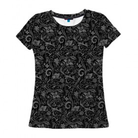 Женская футболка 3D с принтом Чёрно-белая хохлома в Кировске, 100% полиэфир ( синтетическое хлопкоподобное полотно) | прямой крой, круглый вырез горловины, длина до линии бедер | 