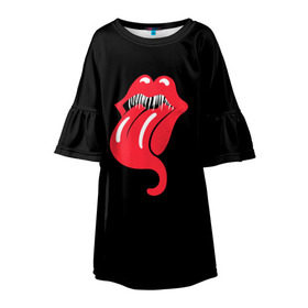 Детское платье 3D с принтом Monsters Kiss в Кировске, 100% полиэстер | прямой силуэт, чуть расширенный к низу. Круглая горловина, на рукавах — воланы | halloween | jagger | lips | mick | monster | rock | rolling | stones | tongue | tooth | вольные | губы | джаггер | зубы | камни | катящиеся | мик | монстер | рок | странники | хеллоуин | хэллоуин | язык