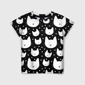 Детская футболка 3D с принтом Love Cats Pattern в Кировске, 100% гипоаллергенный полиэфир | прямой крой, круглый вырез горловины, длина до линии бедер, чуть спущенное плечо, ткань немного тянется | белый | кот | котенок | котэ | котя | котята | кошка | любовь | мимими | паттерн | сердечки | сердце | силуэт | черный | я люблю кошек