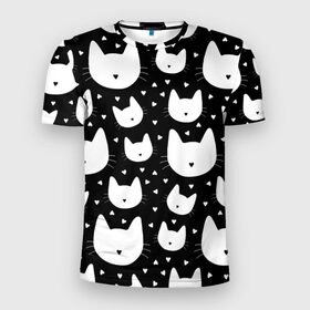 Мужская футболка 3D спортивная с принтом Love Cats Pattern в Кировске, 100% полиэстер с улучшенными характеристиками | приталенный силуэт, круглая горловина, широкие плечи, сужается к линии бедра | Тематика изображения на принте: белый | кот | котенок | котэ | котя | котята | кошка | любовь | мимими | паттерн | сердечки | сердце | силуэт | черный | я люблю кошек