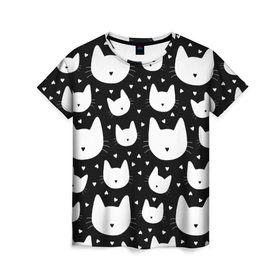 Женская футболка 3D с принтом Love Cats Pattern в Кировске, 100% полиэфир ( синтетическое хлопкоподобное полотно) | прямой крой, круглый вырез горловины, длина до линии бедер | белый | кот | котенок | котэ | котя | котята | кошка | любовь | мимими | паттерн | сердечки | сердце | силуэт | черный | я люблю кошек