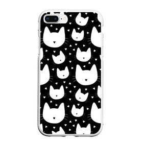 Чехол для iPhone 7Plus/8 Plus матовый с принтом Love Cats Pattern в Кировске, Силикон | Область печати: задняя сторона чехла, без боковых панелей | белый | кот | котенок | котэ | котя | котята | кошка | любовь | мимими | паттерн | сердечки | сердце | силуэт | черный | я люблю кошек