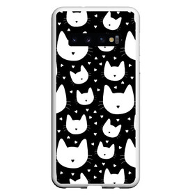 Чехол для Samsung Galaxy S10 с принтом Love Cats Pattern в Кировске, Силикон | Область печати: задняя сторона чехла, без боковых панелей | белый | кот | котенок | котэ | котя | котята | кошка | любовь | мимими | паттерн | сердечки | сердце | силуэт | черный | я люблю кошек